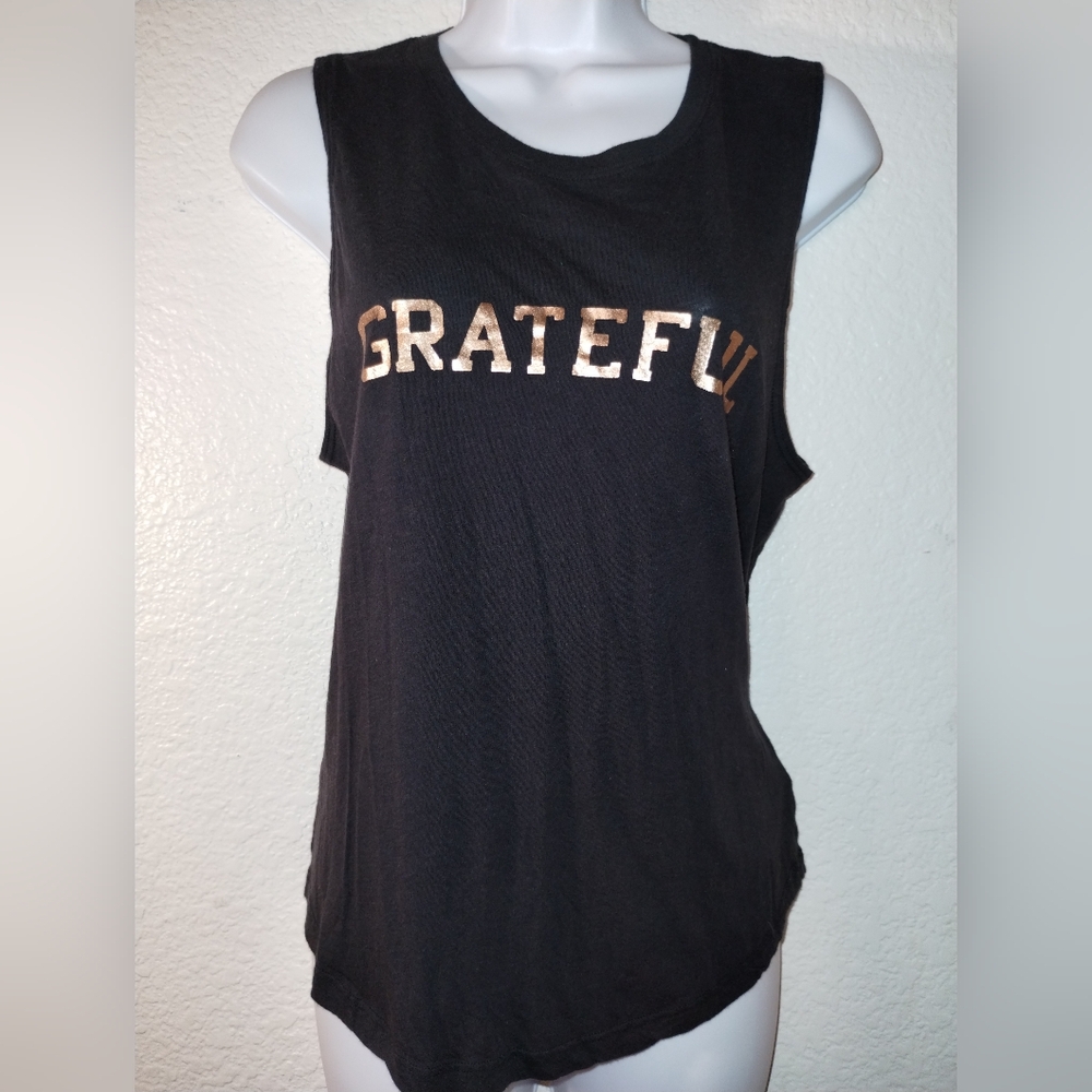 Spiritual Gangster Black Sleeveless Top with Gold Lettering THANKFUL sz Medium